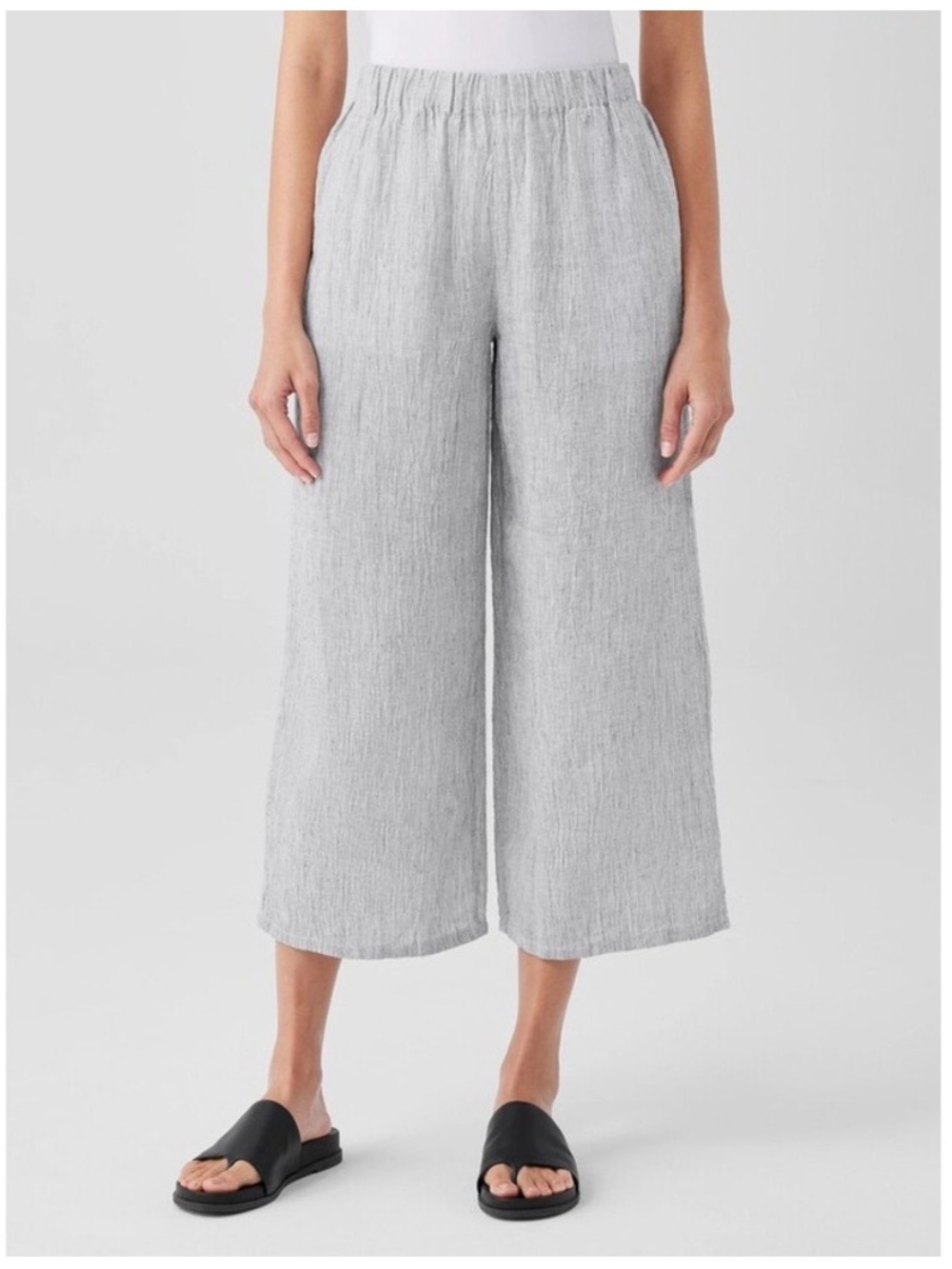 Eileen Fisher Crinkled Organic Linen Stripe Wide Leg Crop Pants Size M